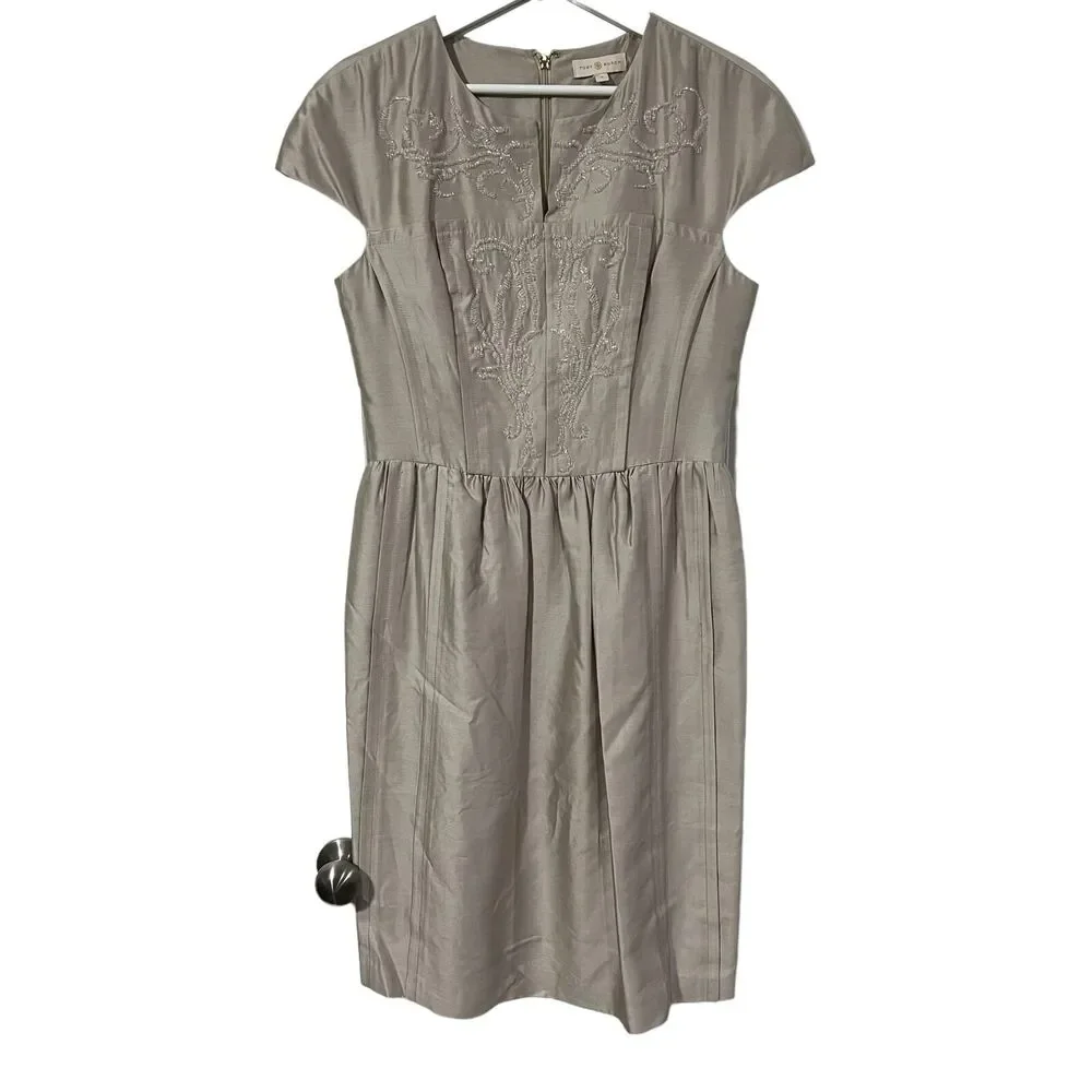 Tory Burch Size 8 Dress‎ Jessie Silk Embellished Beaded Beige Cap Sleeve Women's